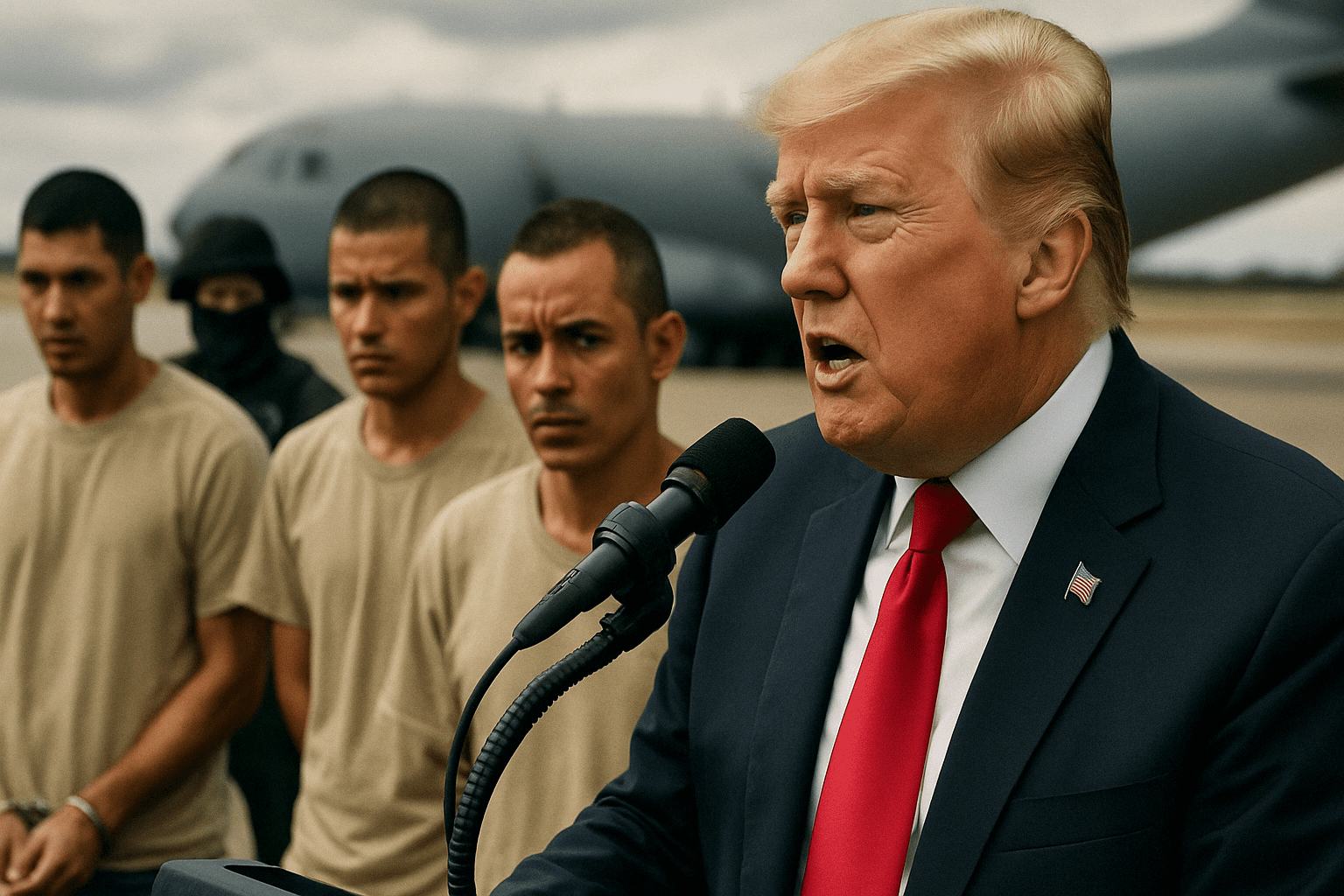 A photorealistic image depicts former President Donald Trump speaking forcefully into a microphone, wearing a navy suit and red tie, with an American flag pin on his lapel. Behind him, three men in tan shirts—presumed detainees—stand in handcuffs under the watch of a masked tactical officer. In the background, a large military transport aircraft looms on the tarmac, emphasizing the setting of a high-security deportation operation. The image visually reinforces the article’s themes of national security, law