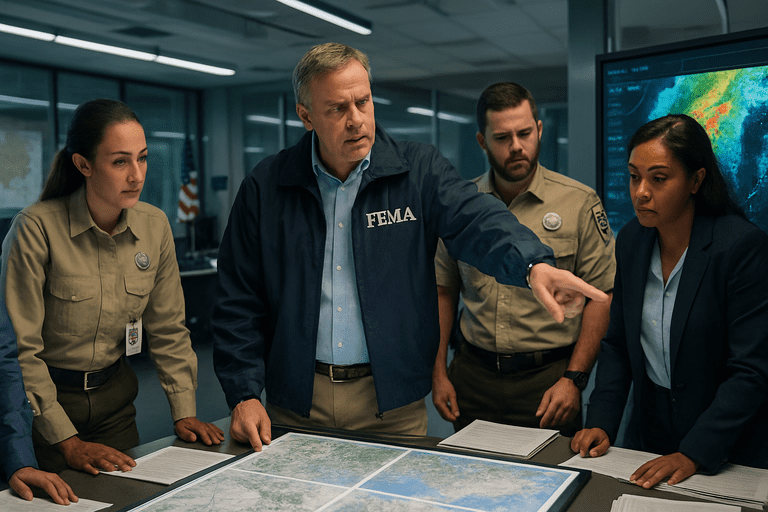 Federal officials at a disaster response command center