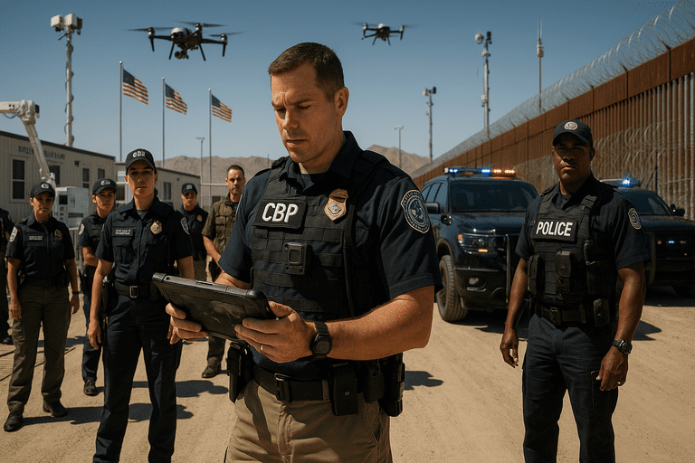 A sprawling border security checkpoint filled with federal agents and surveillance equipment