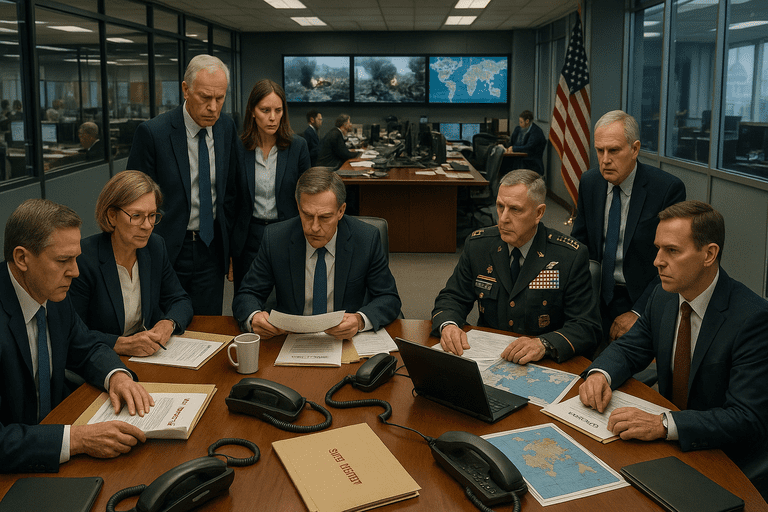 A busy control room filled with military officials, paperwork, and digital maps