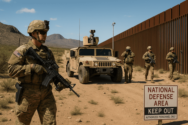 U.S. military personnel patrolling a designated National Defense Area along the U.S.-Mexico border.