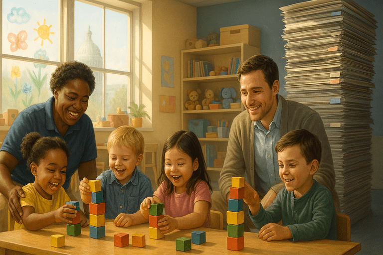 federal_childcare_reforms_expa Illustration of a childcare center with children and caregivers