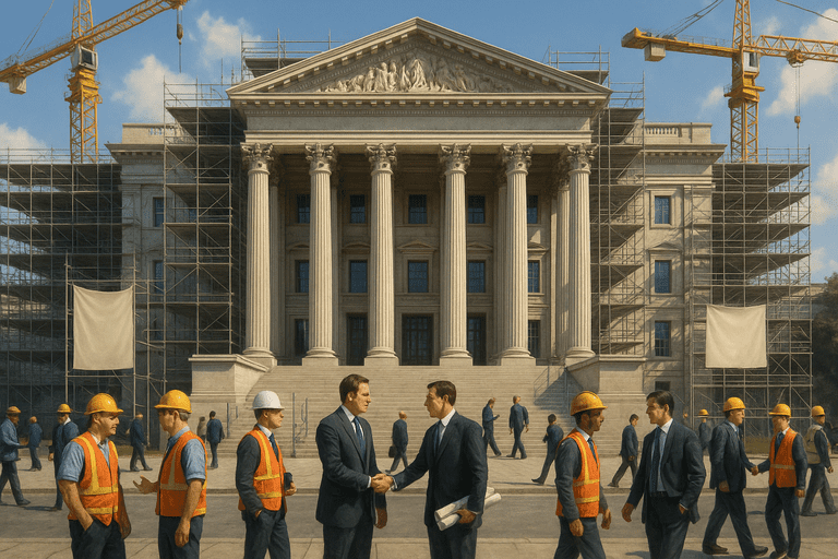 federal_deregulation_and_agenc A government building with a sign indicating agency restructuring