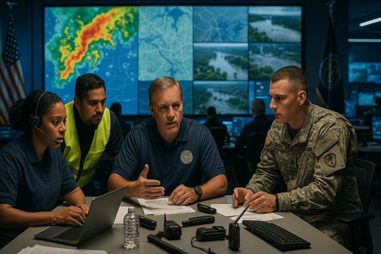 Emergency response team coordinating disaster relief efforts