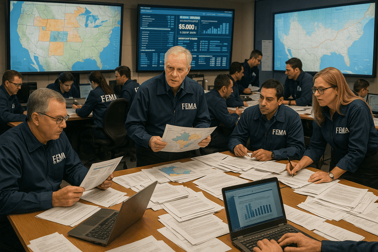 FEMA personnel reviewing disaster relief plans