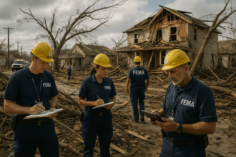 FEMA personnel assessing hurricane damage in a residential area