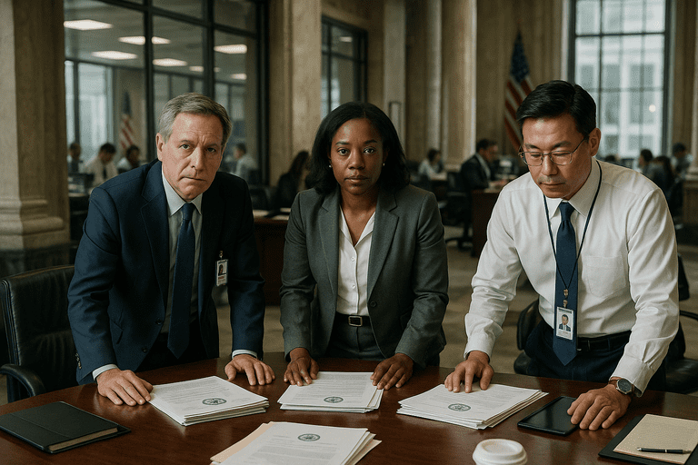 A government building with multiple layers, paperwork, and security cameras