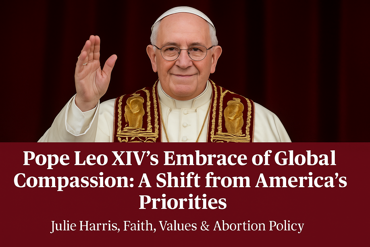 Pope Leo XIV, wearing traditional white papal garments and a red mozzetta with gold embroidery, raises his right hand in blessing against a dark red curtain backdrop. Bold white text across the bottom reads: "Pope Leo XIV’s Embrace of Global Compassion: A Shift from America’s Priorities – Julie Harris, Faith, Values & Abortion Policy."