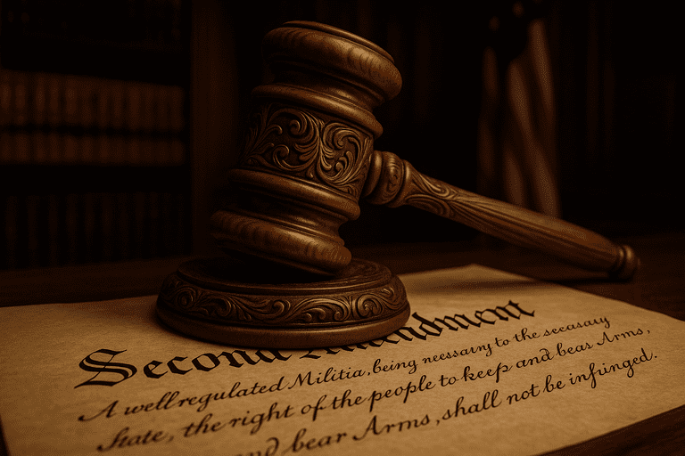 A gavel resting on a legal document with the Second Amendment text visible.