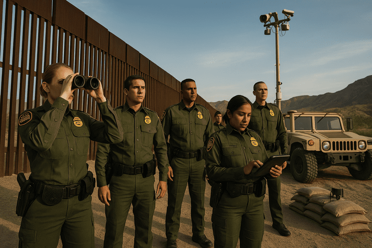 A newly constructed border wall with surveillance towers and border agents on patrol
