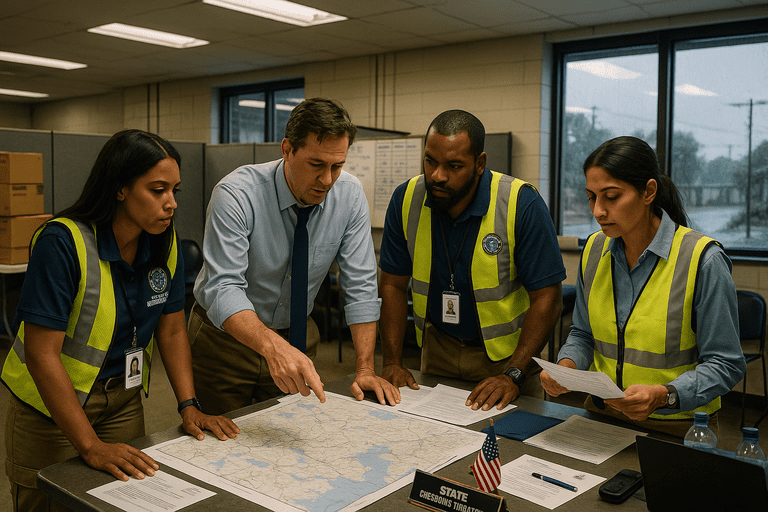 streamlining_disaster_relief_t A government official in a suit stands in front of a map showing tornado damage across several states, as stacks of paperwork and folders pile up on the table