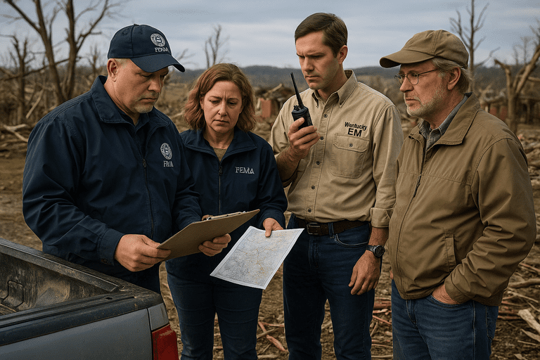 Emergency workers surveying tornado damage in Kentucky