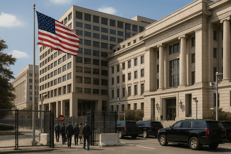 strong_leadership_trump_s_bold Federal government offices with increased security, new construction, and administrative staff entering the building.