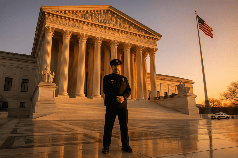 Supreme Court building with American flag