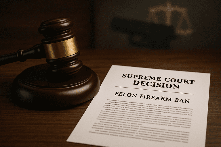Gavel resting on a legal document with a firearm in the background