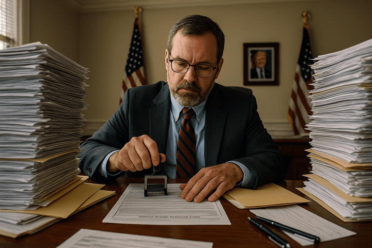 A crowded government office lined with filing cabinets and paperwork