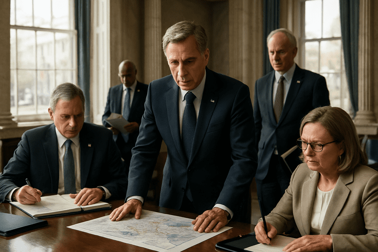A federal worker reviews documentation inside a bustling administrative office overseeing trade policy compliance.