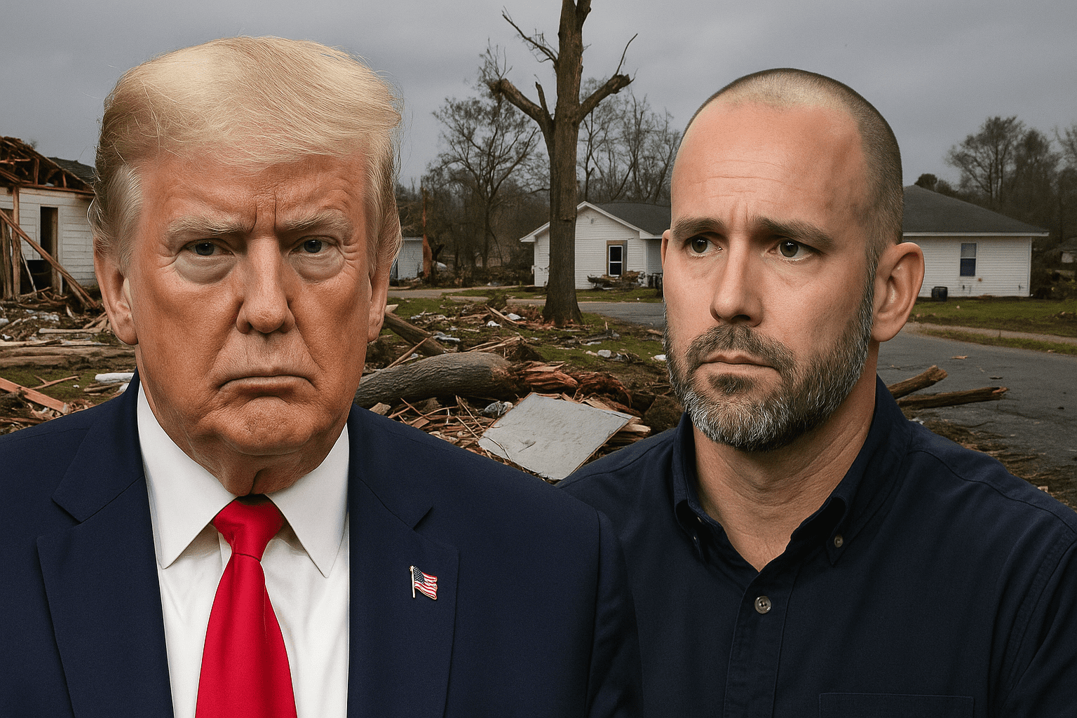 image featuring a stern-looking former President Donald Trump on the left and a somber Cameron Hamilton on the right. Behind them, a devastated landscape with flood damage and scattered debris sets the backdrop, symbolizing the fallout from dismantled emergency management.