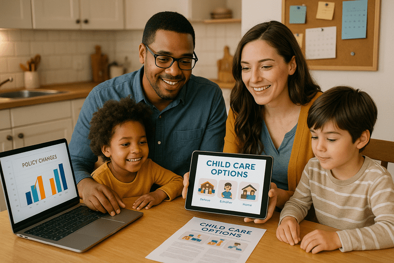 A family discussing childcare options