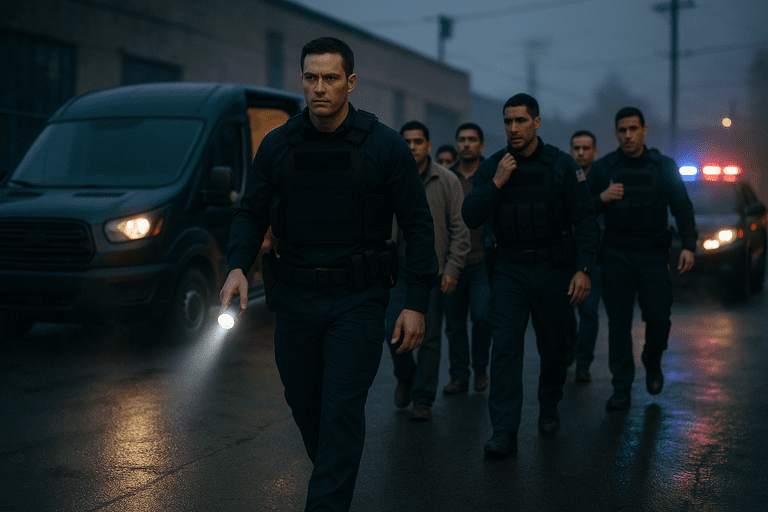 Illustration of federal agents conducting an immigration enforcement operation.