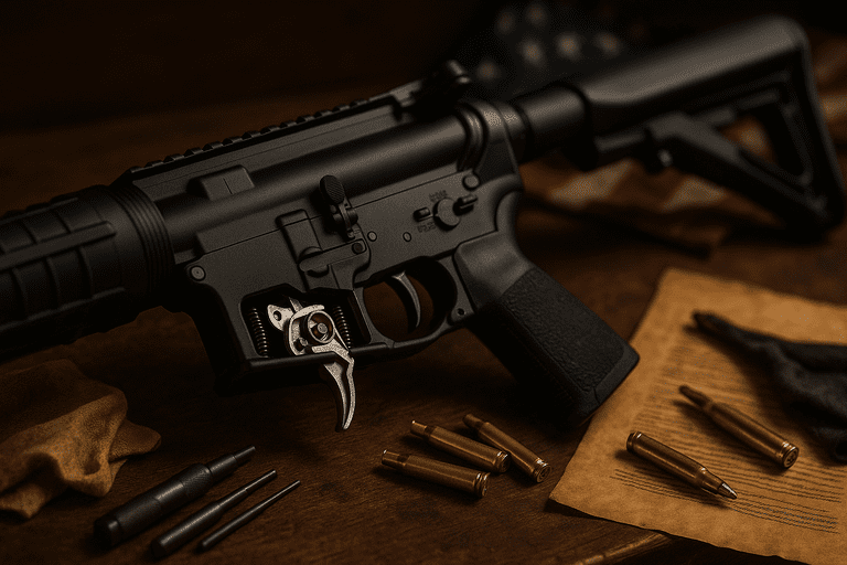 A semiautomatic rifle equipped with a forced-reset trigger device.