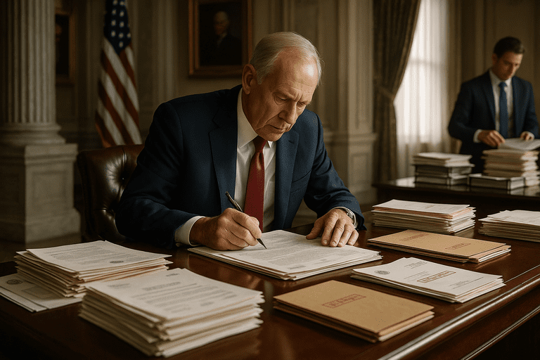A bureaucratic office with stacks of paperwork, government seals, and workers processing regulations
