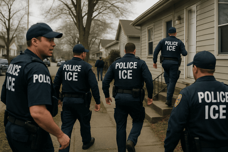 Immigration enforcement agents conducting a raid