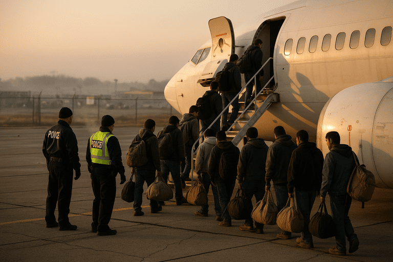 An airplane on a runway with passengers boarding, symbolizing the self-deportation flights under Project Homecoming.