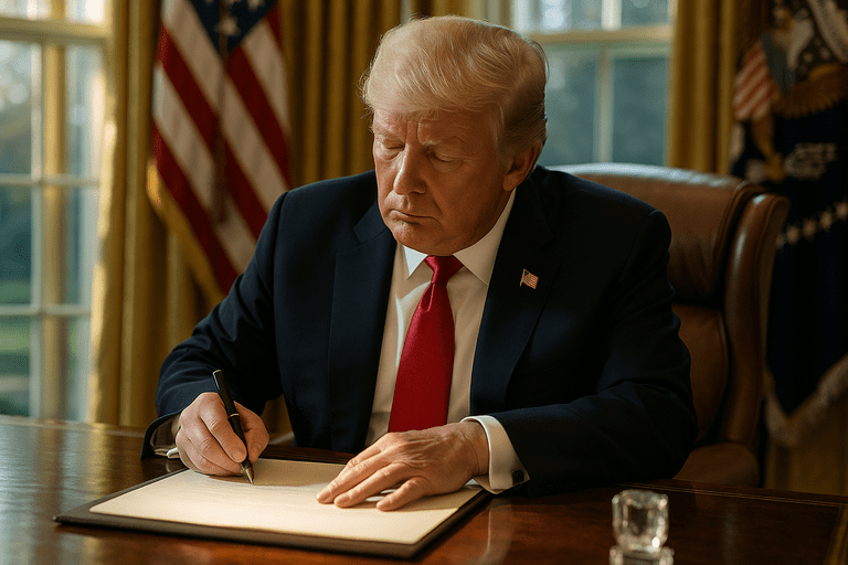 trump_administration_s_recipro President Trump signing the reciprocal tariff policy into law