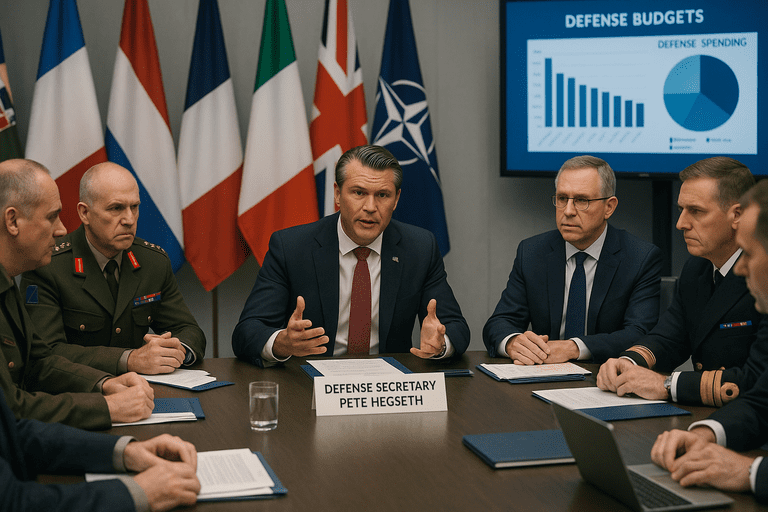 Defense Secretary Pete Hegseth addressing NATO members