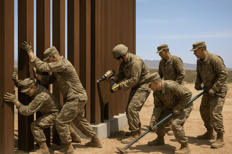 U.S. military personnel installing border barriers