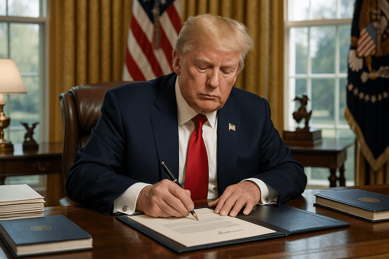 President Trump signing a trade policy document