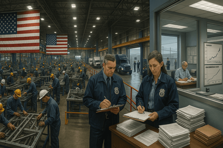 American factory with workers, federal inspectors, and customs officers under prominent U.S. flags.