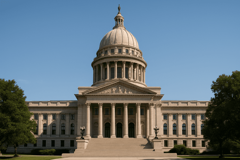 State capitol building with legislative documents