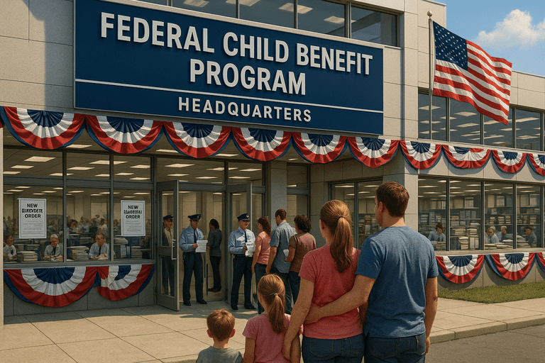 trump_delivers_bold_action_for A family stands outside a busy federal childcare center, greeted by signage and compliance officers, with visible bureaucracy inside.