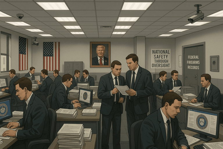 Federal employees in a busy office processing firearm paperwork under President Trump's portrait.