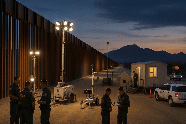 Federal officers and new surveillance equipment oversee a fortified border with offices and vehicles under a dusk sky.