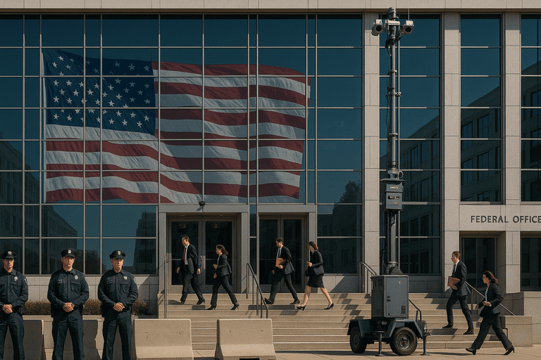 Federal building with increased security presence and visible surveillance technology.