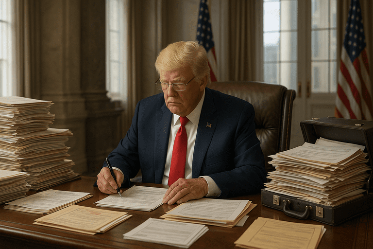 A stack of government documents and forms with a large U.S. federal building in the background
