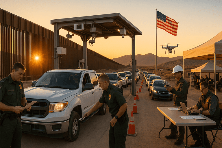 Border Patrol agents inspect vehicles at a fortified wall checkpoint equipped with advanced technology at sunrise.