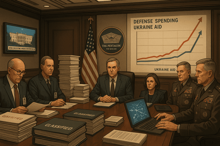 Government officials and military leaders review paperwork and digital maps tracking U.S. aid to Ukraine in a Pentagon conference room.