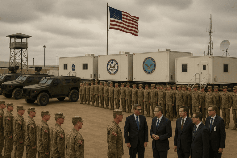 U.S. soldiers at an overseas base with new vehicles and numerous administrative offices in the background.