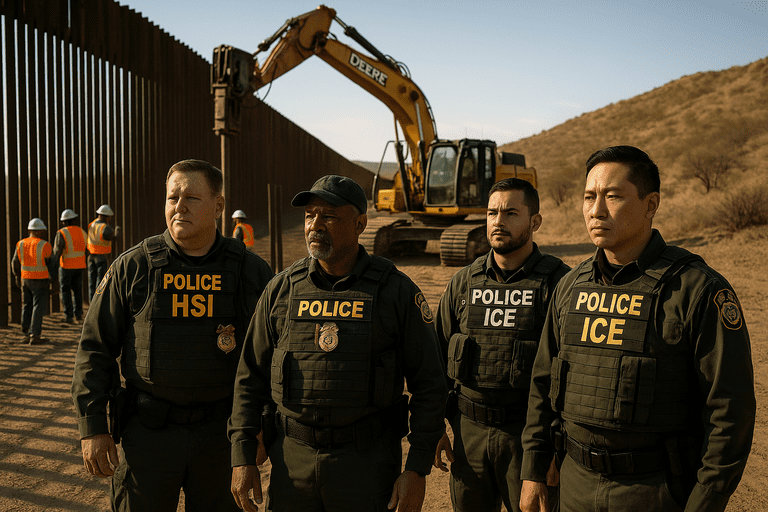 Aerial view of new border wall construction with federal agents and military vehicles present