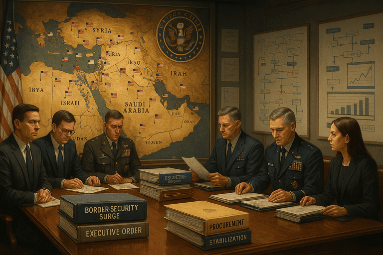 Military and civilian officials gather in a control room filled with maps, binders, and screens showing Middle East operations and bureaucratic growth.