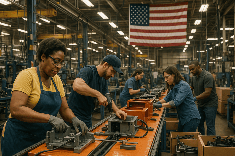 American manufacturing plant with workers assembling products