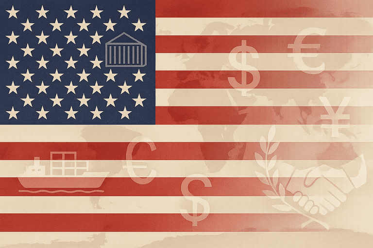 U.S. flag with international trade symbols