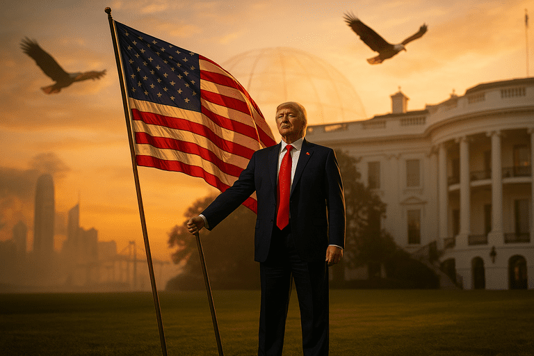 Illustration depicting the United States asserting its sovereignty amidst globalist symbols.