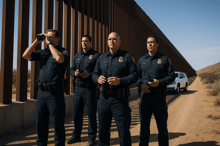 Border patrol agents and newly constructed border wall segment under the midday sun
