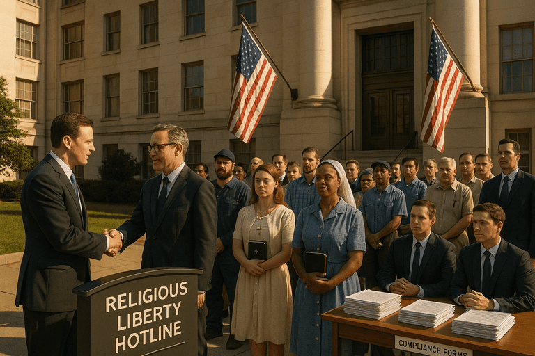 Citizens and officials gather outside a grand federal building, celebrating a new religious liberty office.