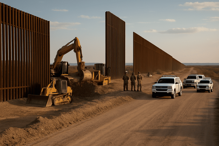 Construction machinery and National Guard personnel near an unfinished border barrier with Border Patrol vehicles nearby.